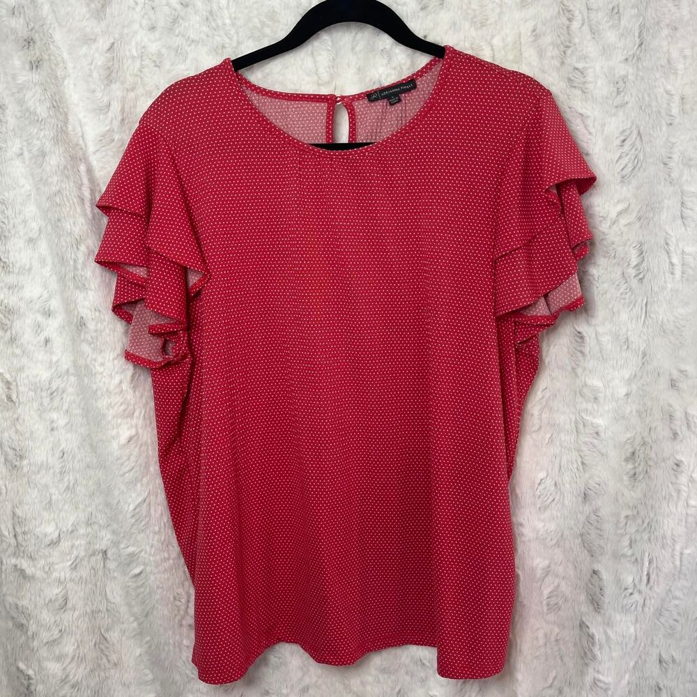 ADRIANNA PAPELL SIZE LARGE Coral Red & white polka dot blouse w/ ruffle sleeves
